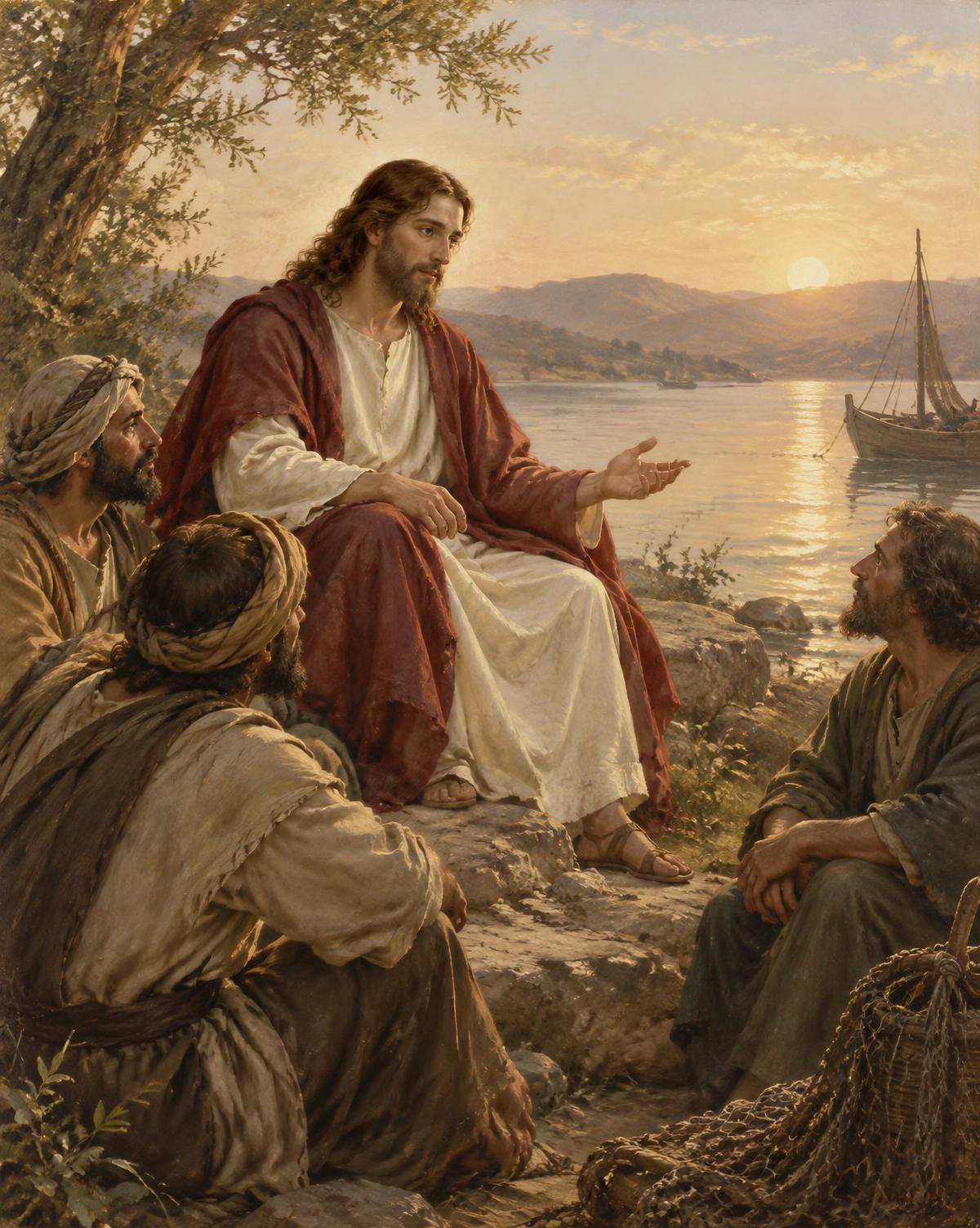 Jesus teaching his disciples beside the Sea of Galilee